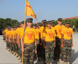 In platoon formation at military summer camp