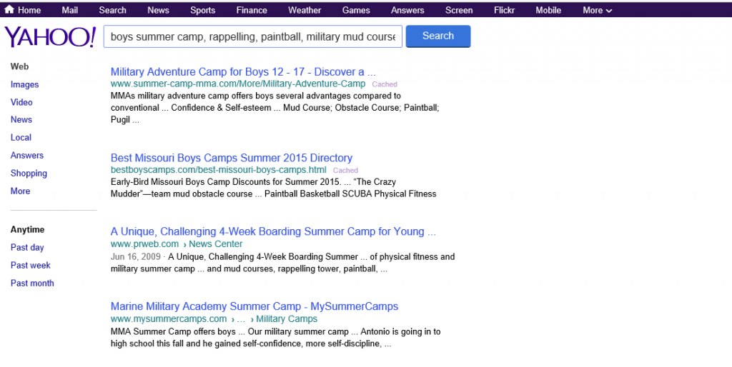 yahoo search results for a summer camp search